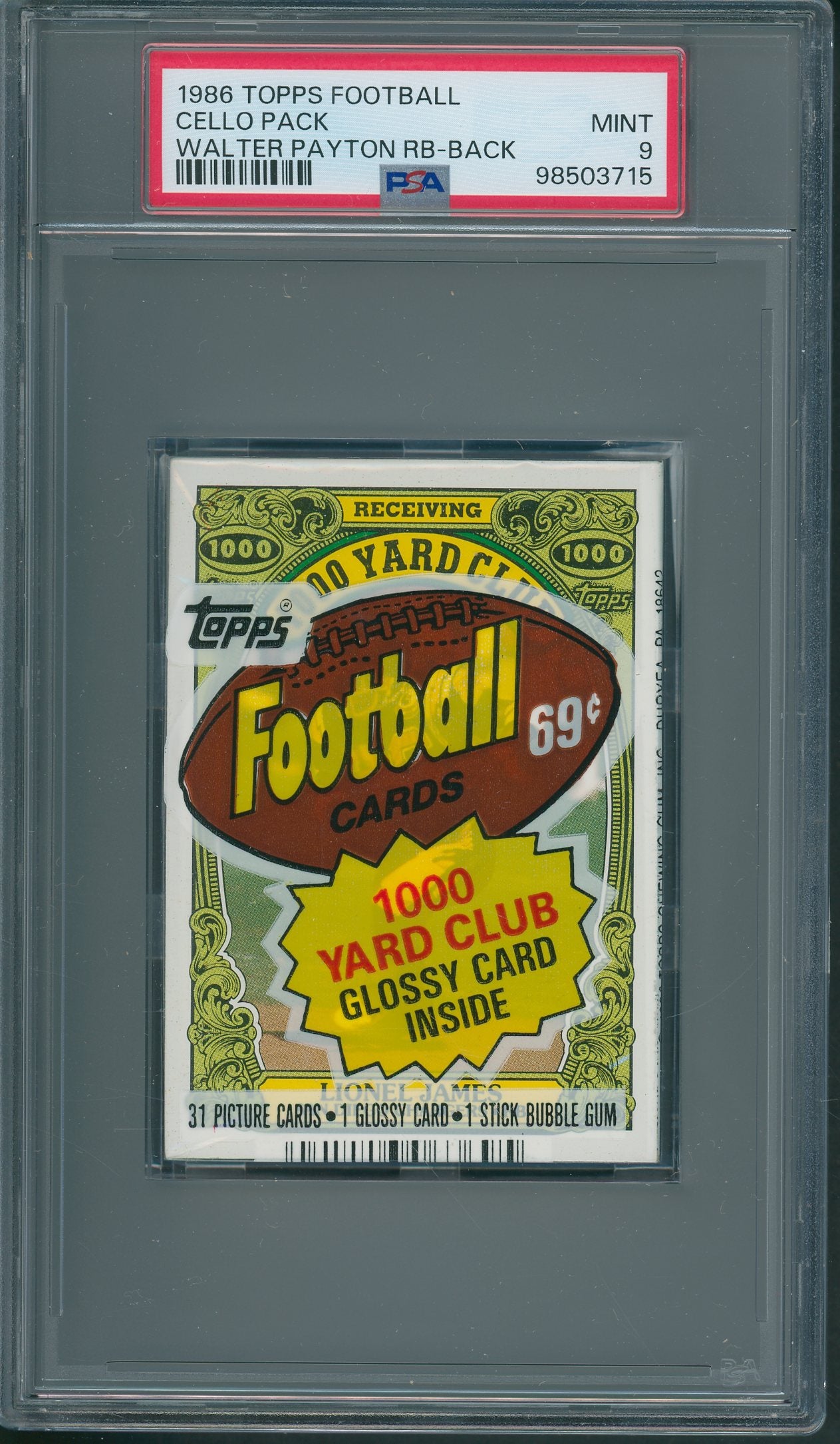 1986 Topps Football Unopened Cello Pack PSA 9 Payton RB Back *3715