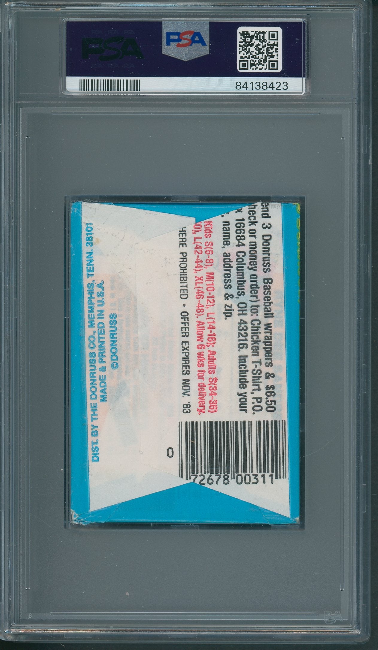 1983 Donruss Baseball Unopened Wax Pack PSA 7 Sandberg Back *8423