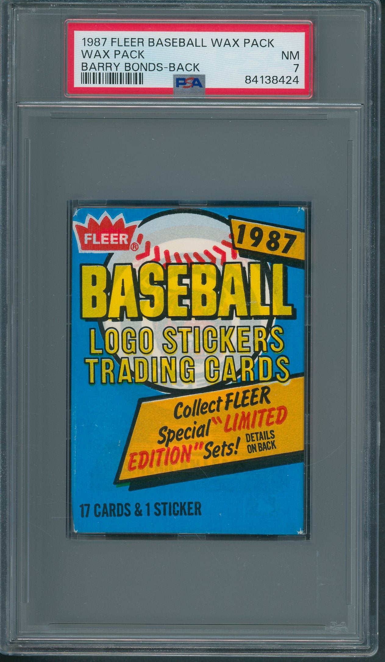 1987 Fleer Baseball Unopened Wax Pack PSA 7 Bonds Back *8424