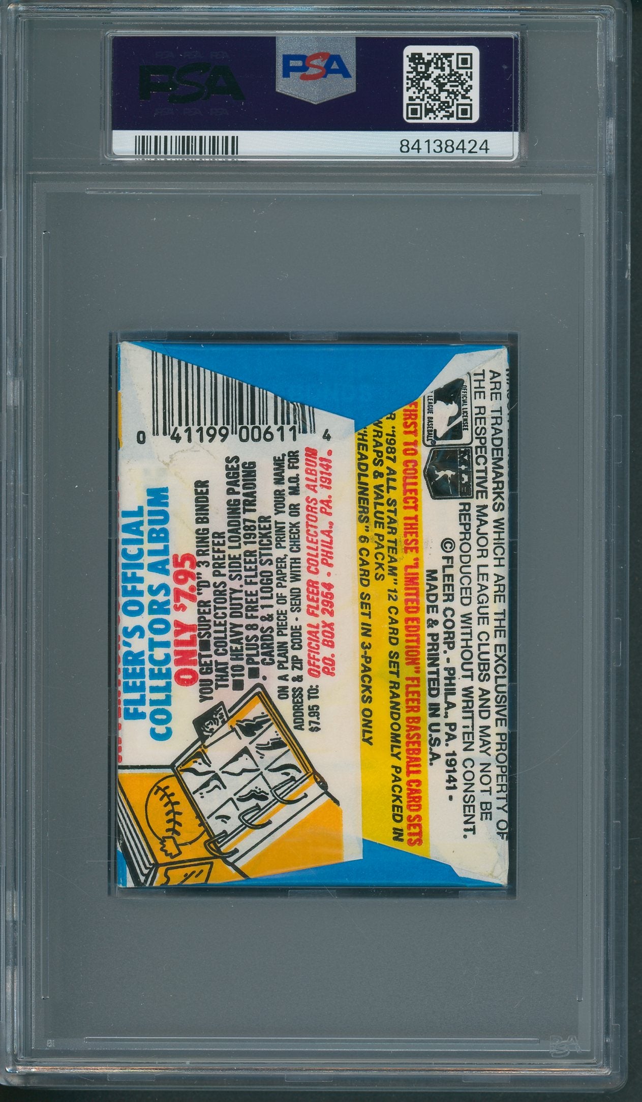 1987 Fleer Baseball Unopened Wax Pack PSA 7 Bonds Back *8424