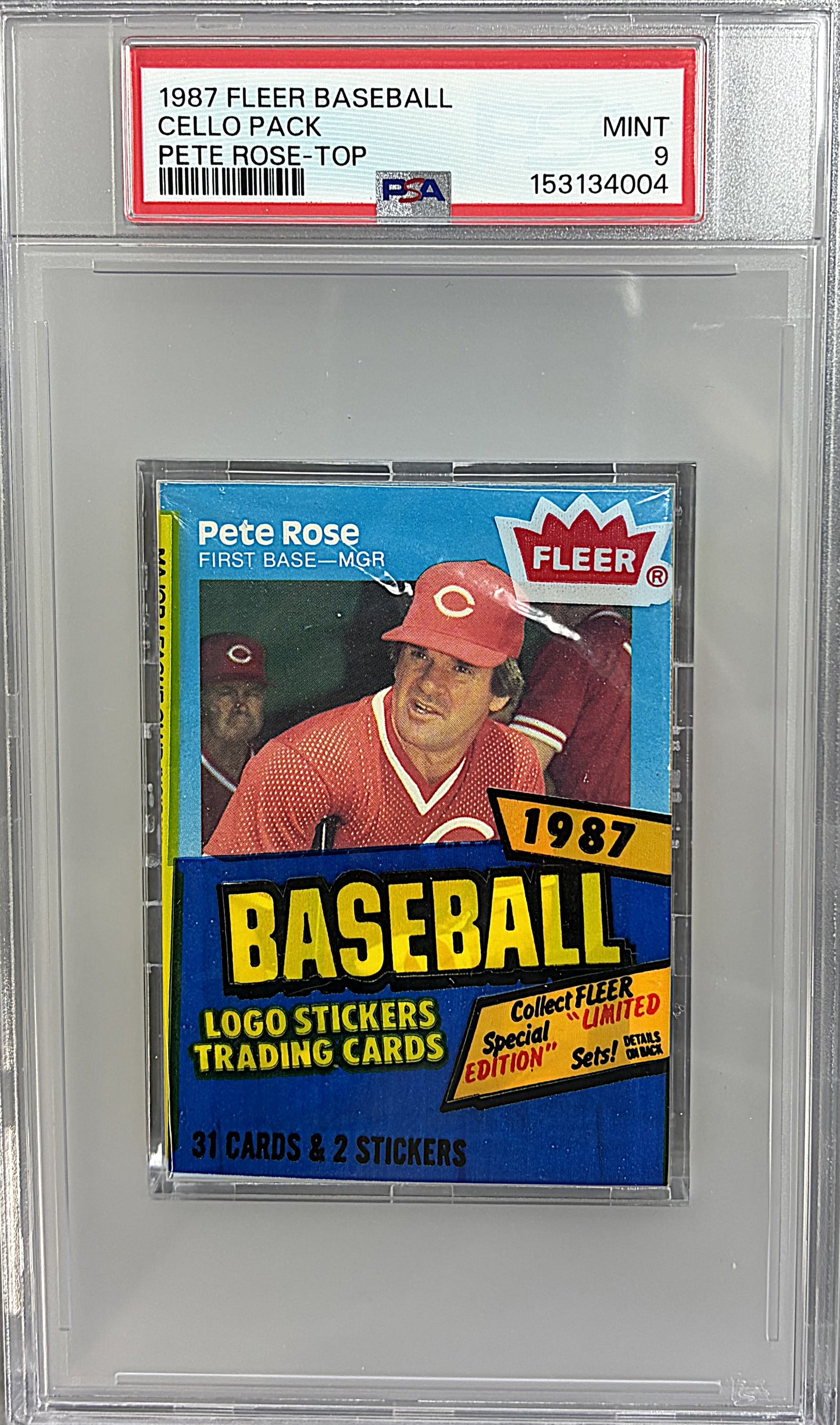 1987 Fleer Baseball Unopened Cello Pack PSA 9 P. Rose Top *4004