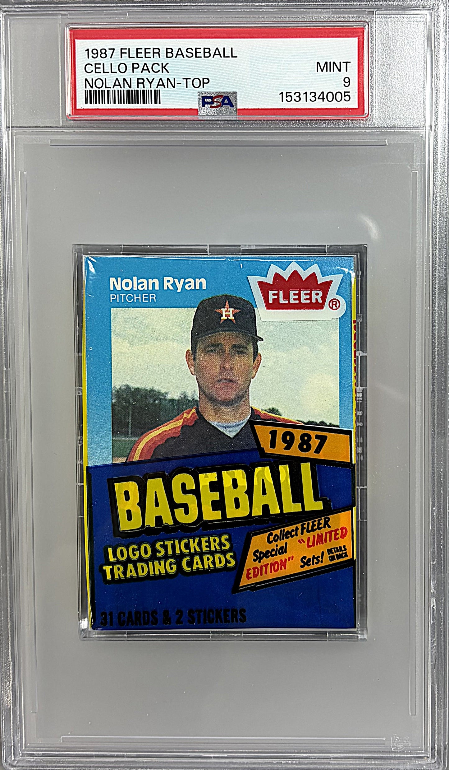 1987 Fleer Baseball Unopened Cello Pack PSA 9 N. Ryan Top *4005