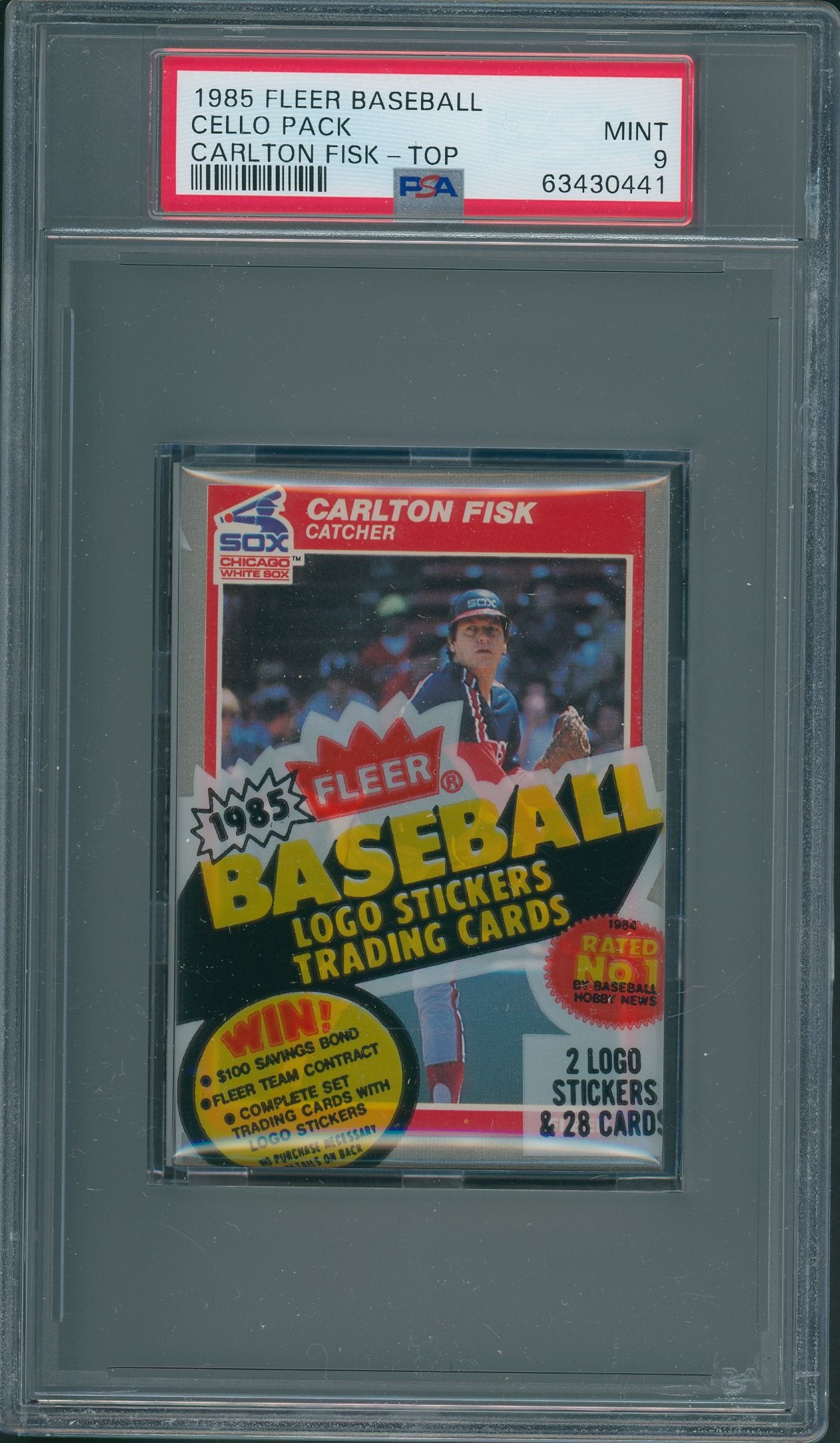 1985 Fleer Baseball Unopened Cello Pack PSA 9 Carlton Fisk Top *0441