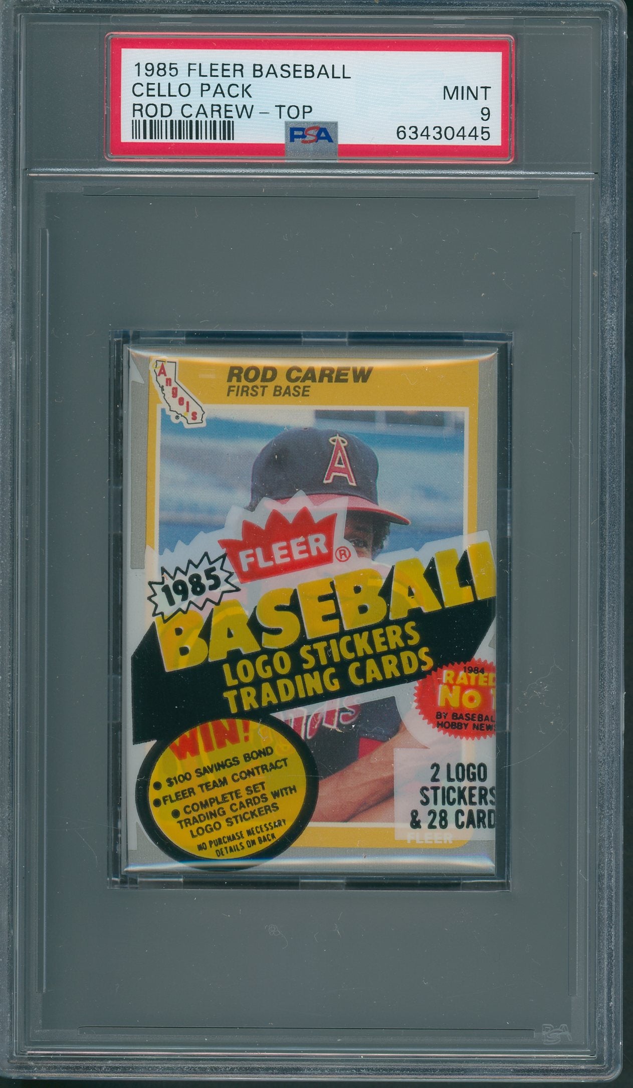 1985 Fleer Baseball Unopened Cello Pack PSA 9 Rod Carew Top *0445