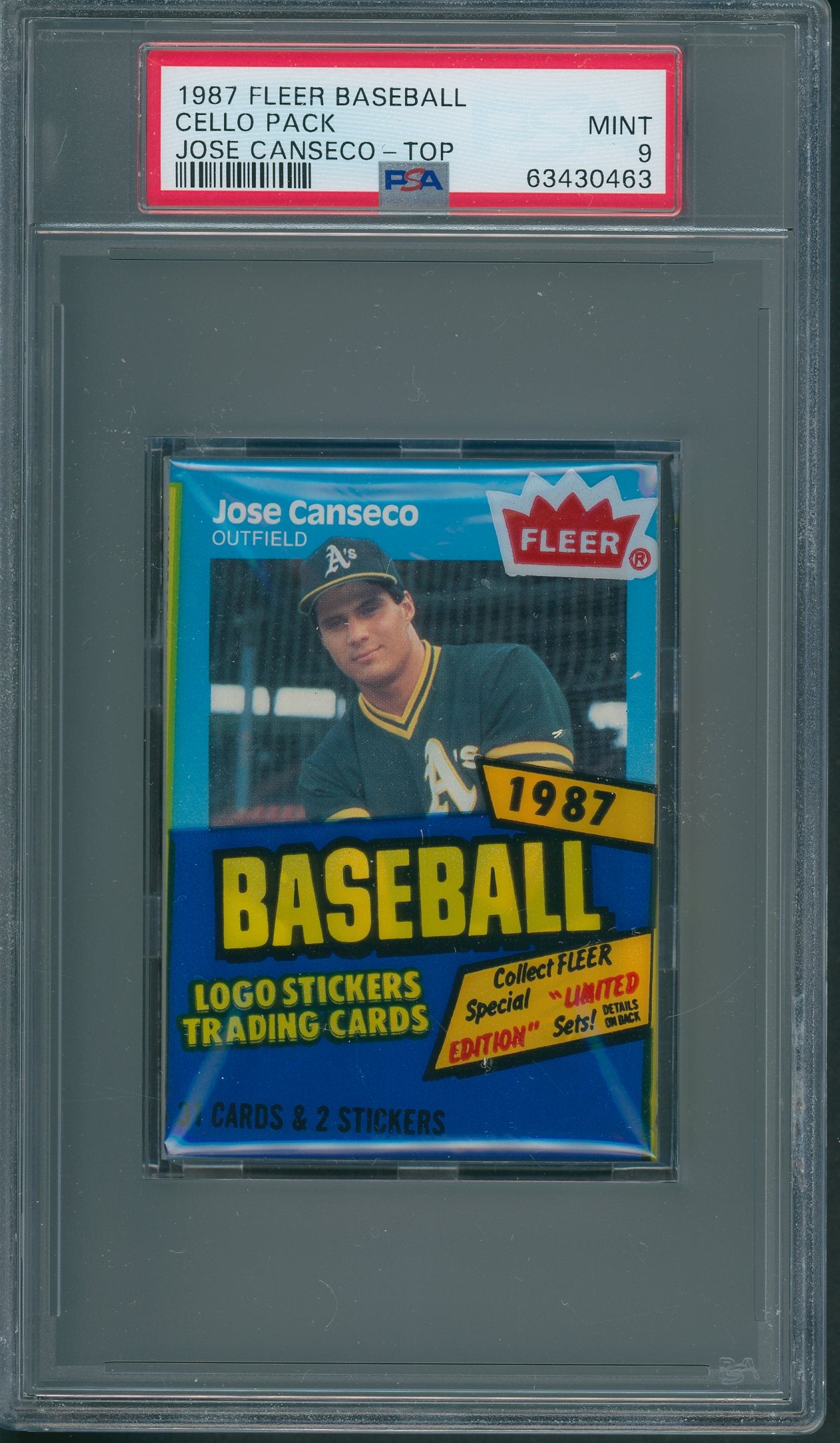1987 Fleer Baseball Unopened Cello Pack PSA 9 Canseco Top *0463