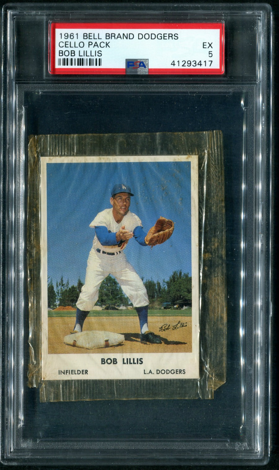 1961 Bell Brand Dodgers Baseball Unopened Cello Pack Bob Lillis PSA 5