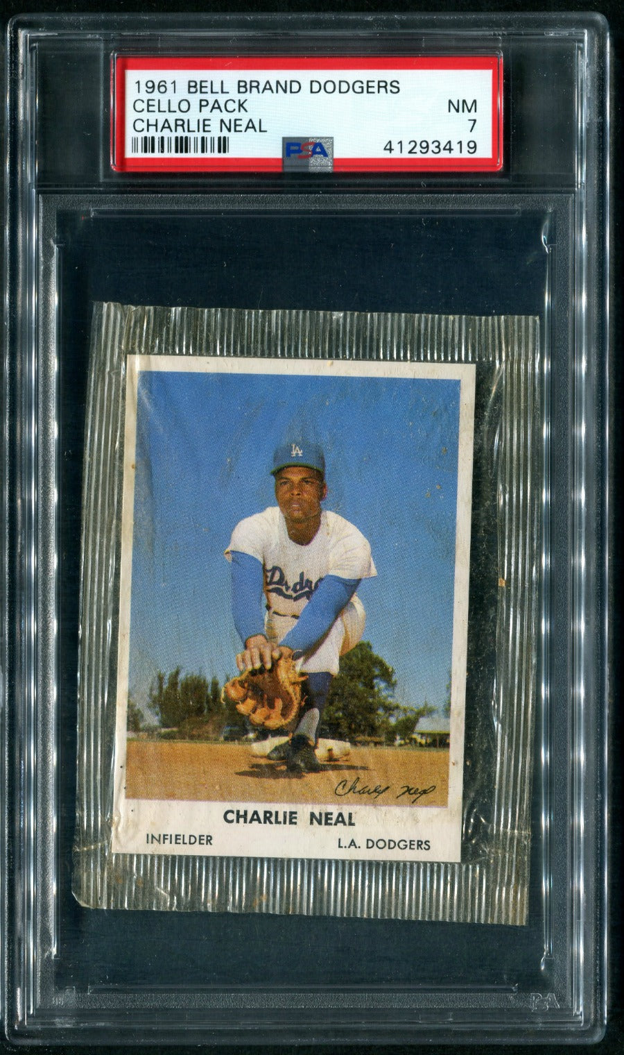 1961 Bell Brand Dodgers Baseball Unopened Cello Pack Charlie Neal PSA 7