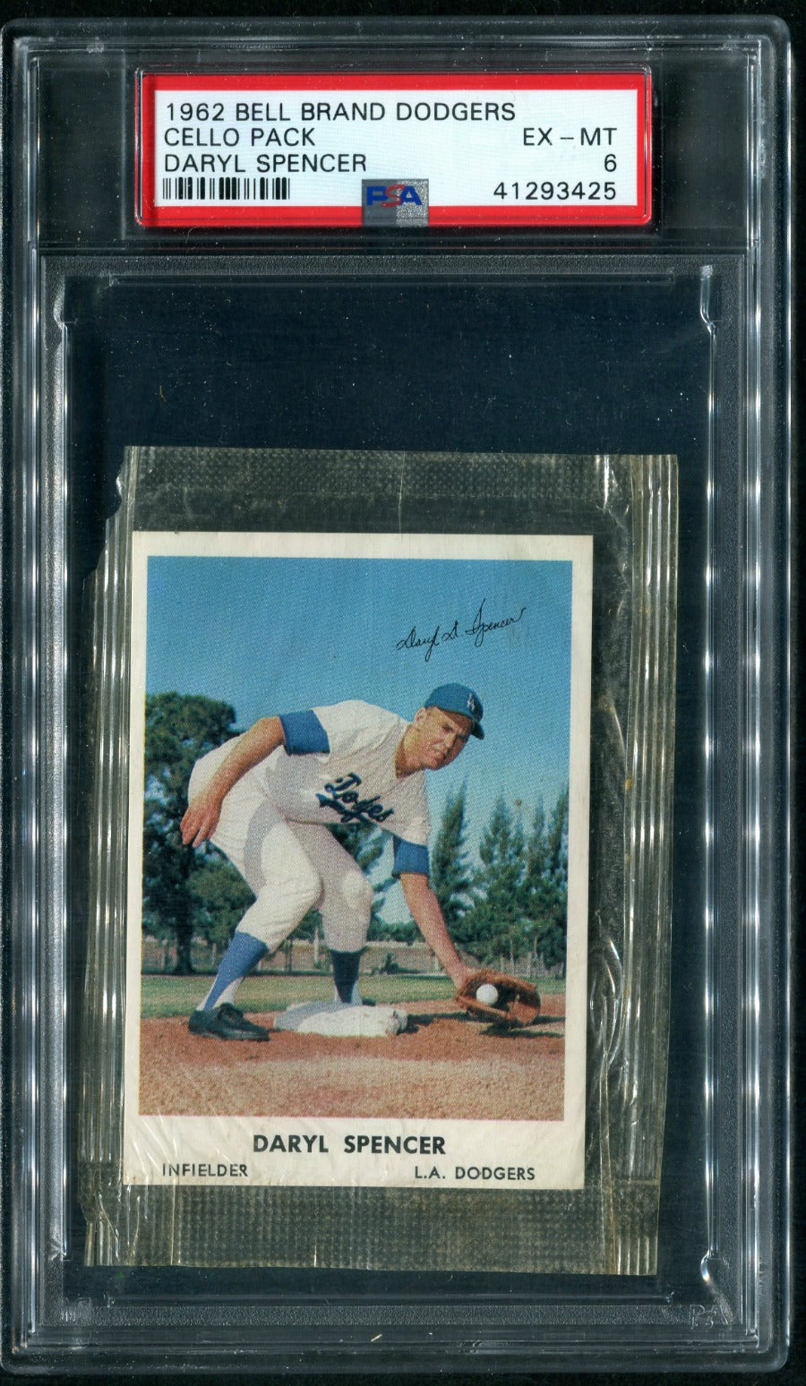 1962 Bell Brand Dodgers Baseball Unopened Cello Pack Daryl Spencer PSA 6