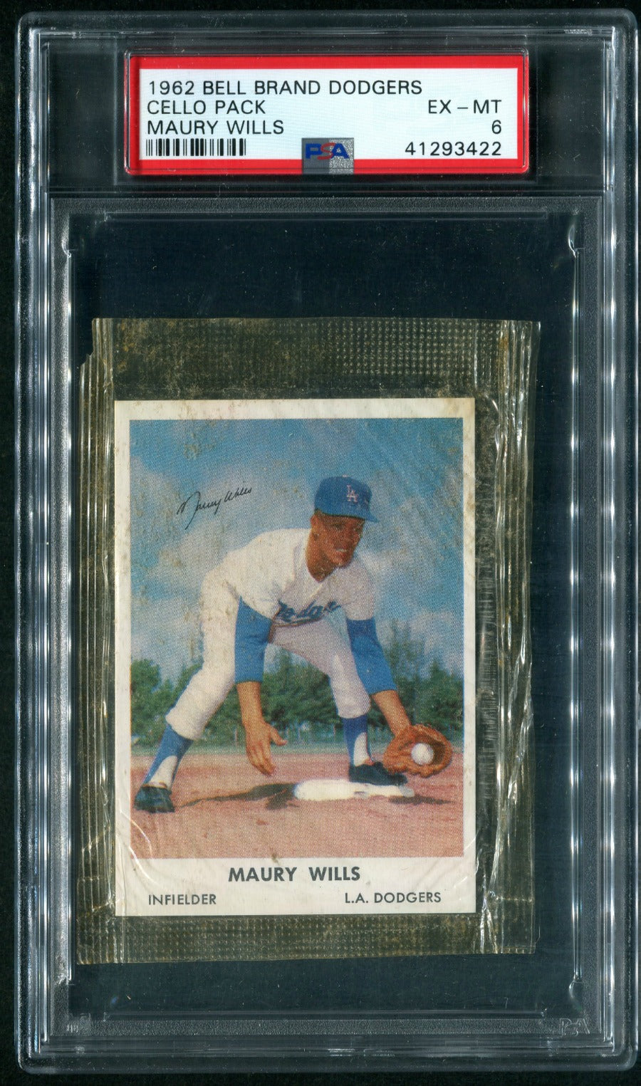 1962 Bell Brand Dodgers Baseball Unopened Cello Pack Maury Wills PSA 6