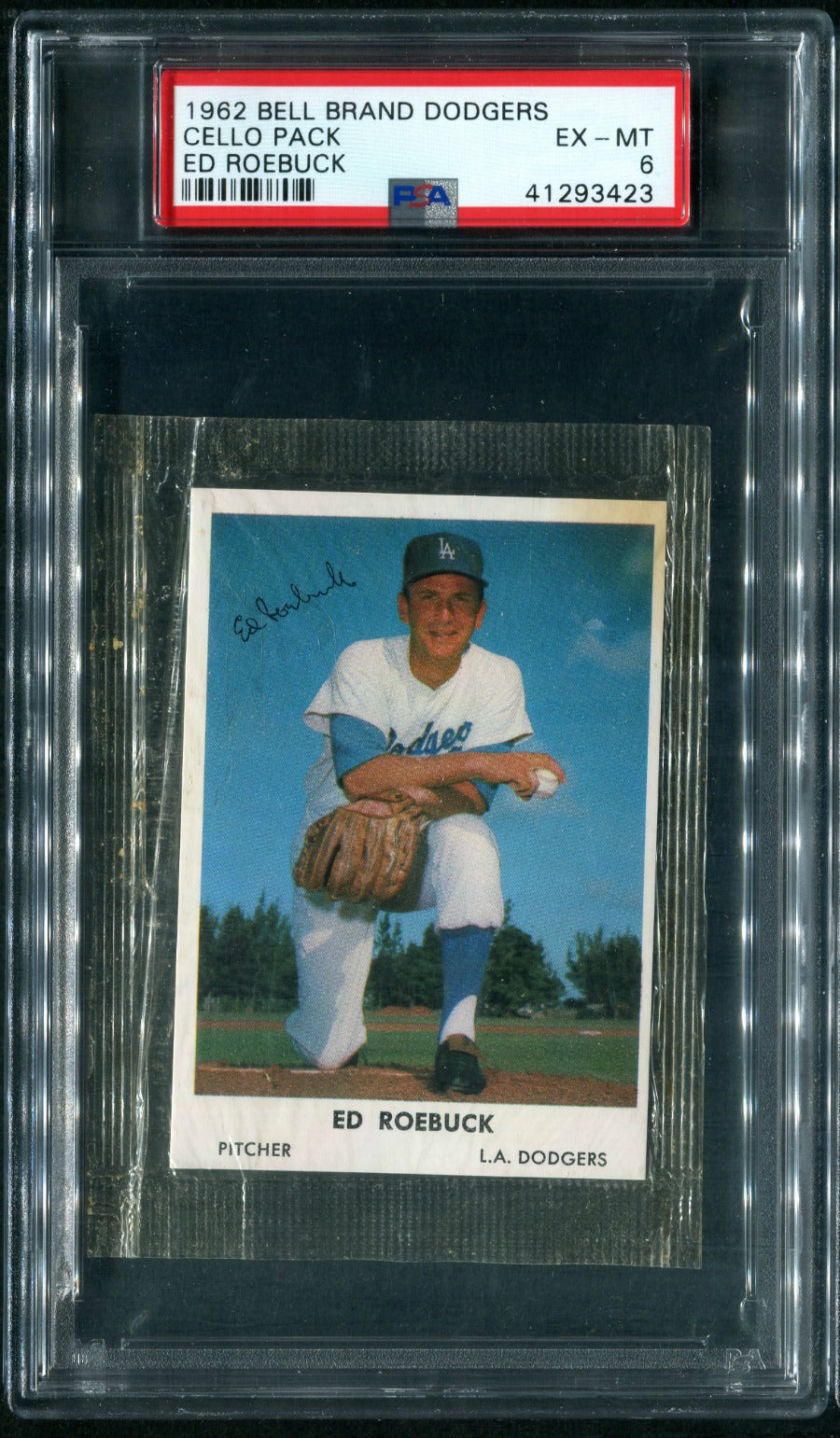 1962 Bell Brand Dodgers Baseball Unopened Cello Pack Ed Roebuck PSA 6