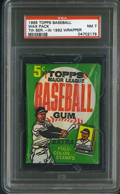 1965 Topps Baseball Unopened 7th Series Wax Pack PSA 7 (1962 wrapper) Perez Back