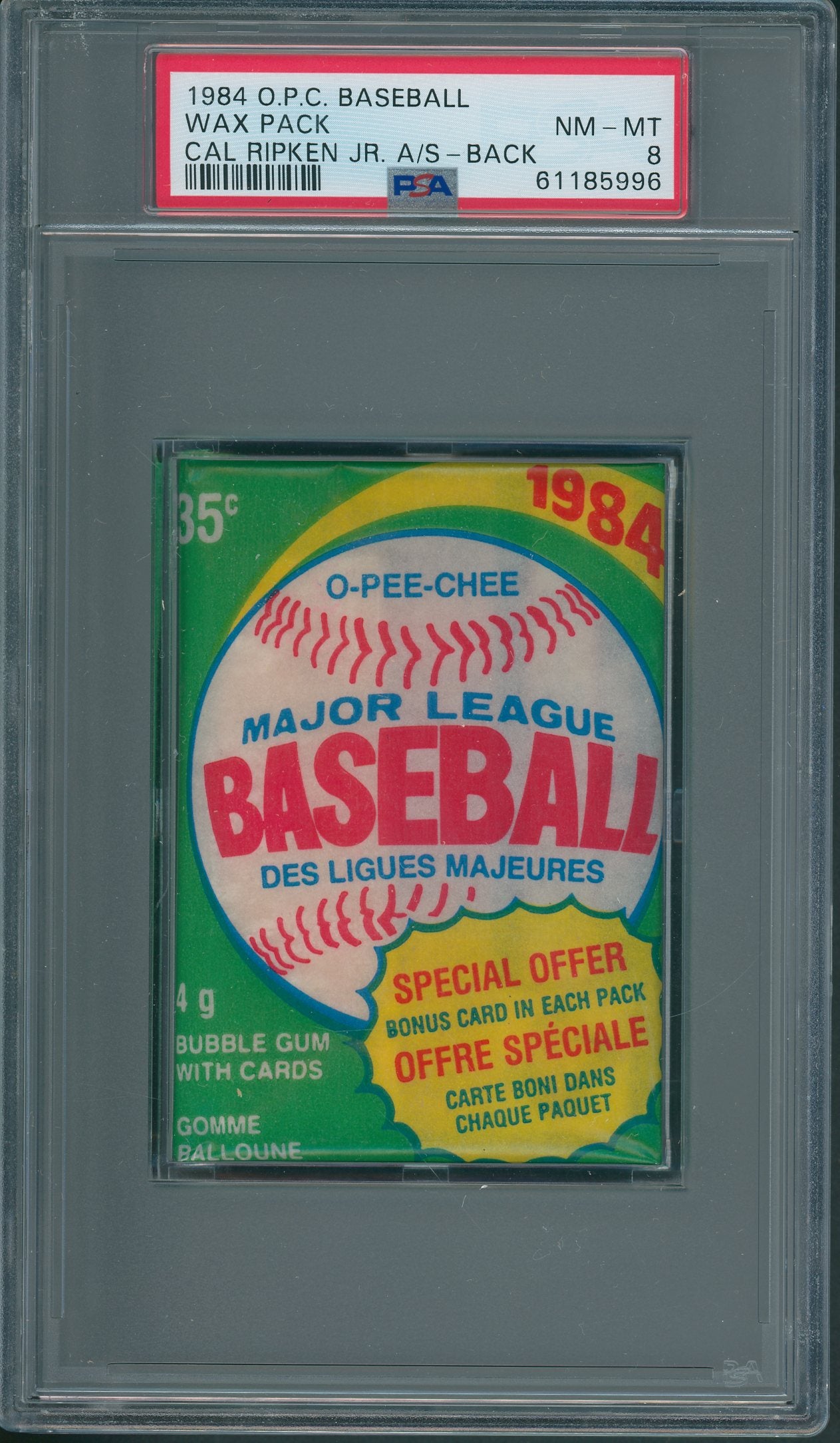 1984 OPC Baseball Unopened Wax Pack Ripken Jr. Back PSA 8