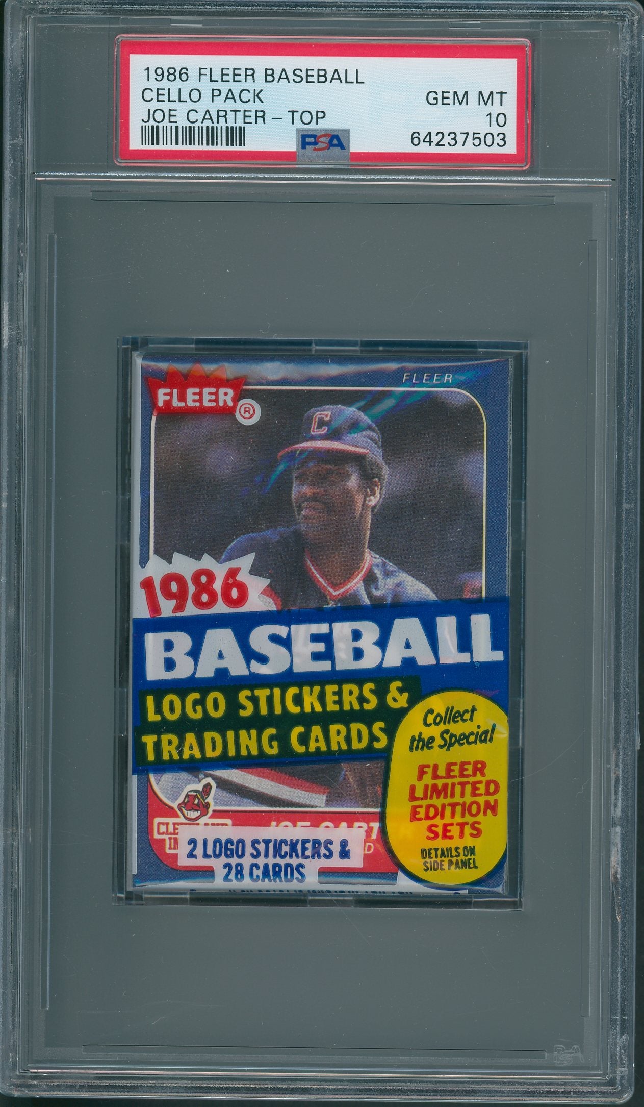 1986 Fleer Baseball Unopened Cello Pack PSA 10 Joe CarterTop *7503