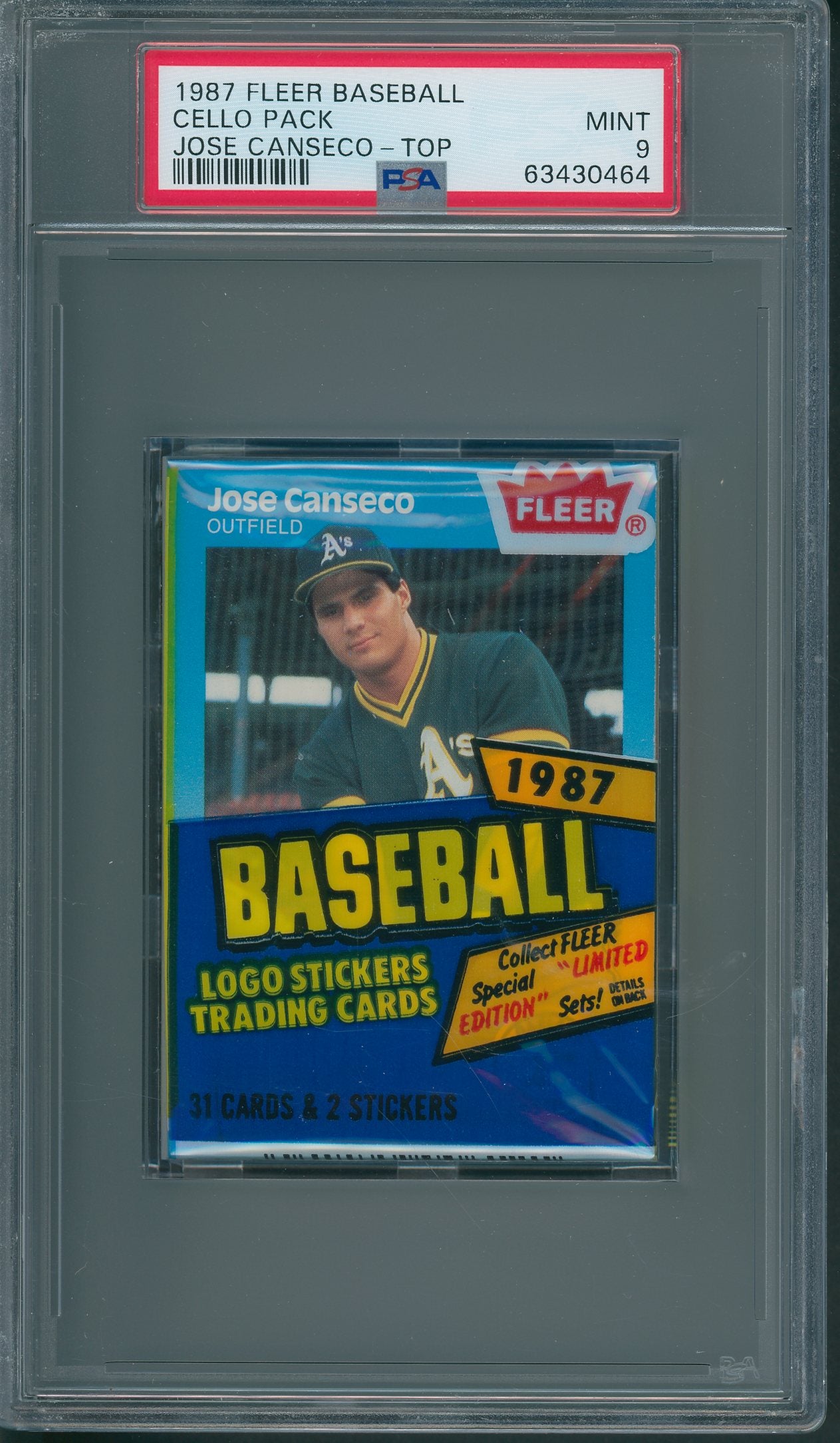 1987 Fleer Baseball Unopened Cello Pack PSA 9 Jose Canseco Top *0464