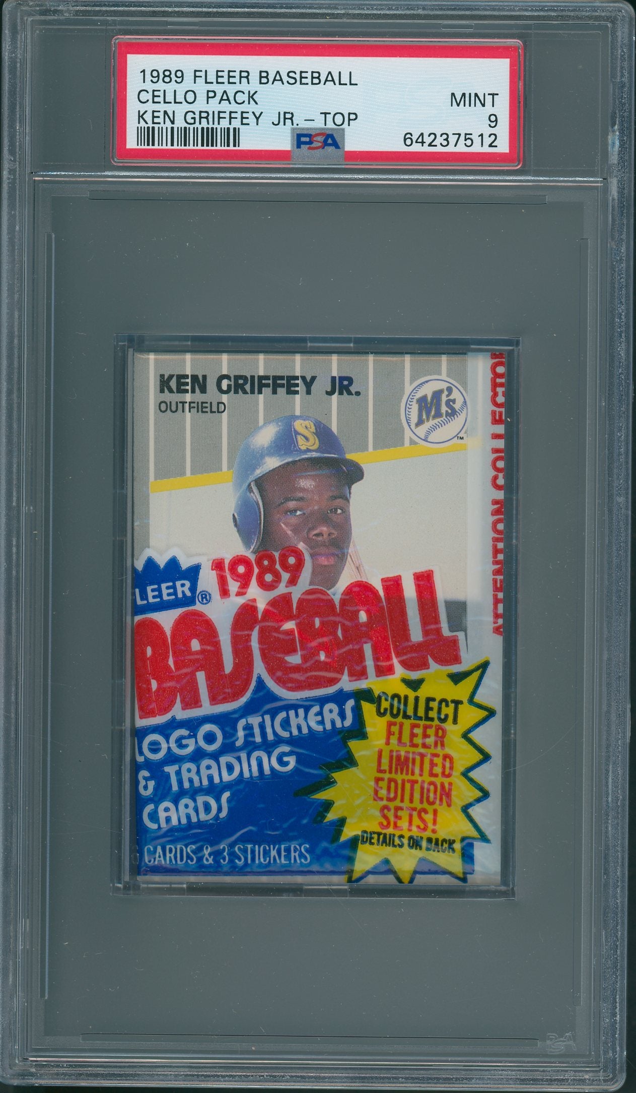 1989 Fleer Baseball Unopened Cello Pack PSA 9 Ken Griffey Jr. Top *7512