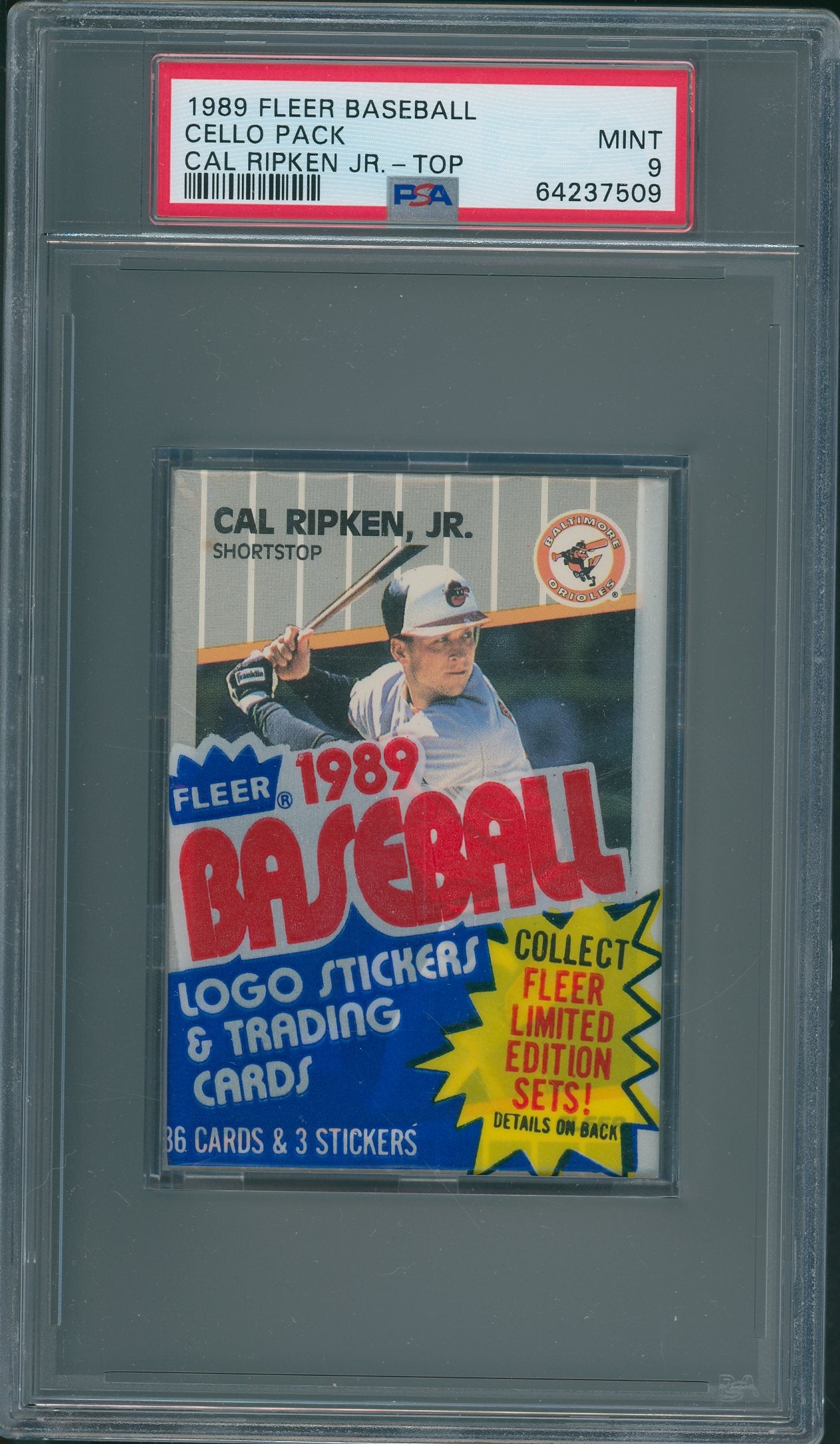 1989 Fleer Baseball Unopened Cello Pack PSA 9 Cal Ripken Jr. Top *7509