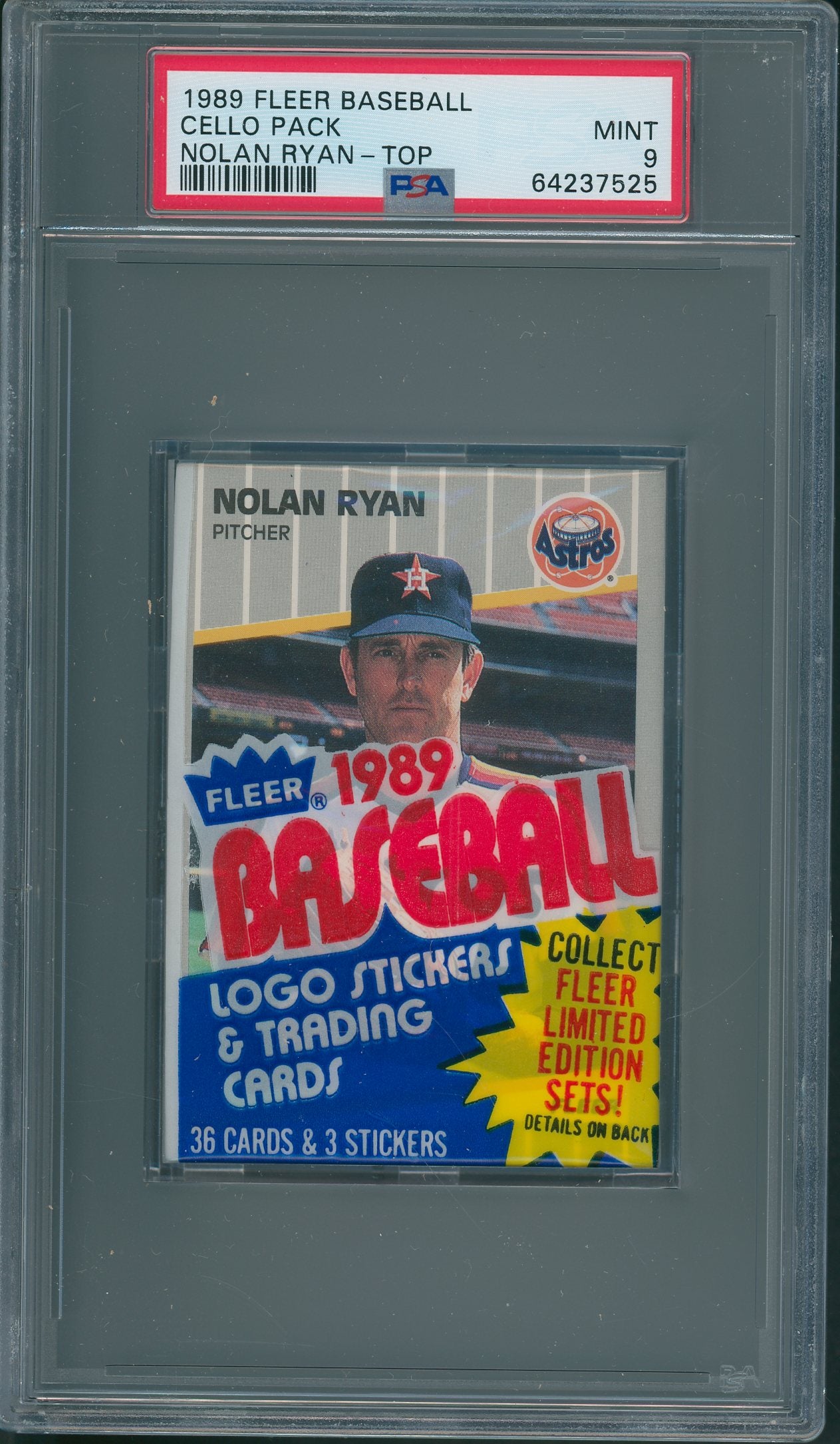 1989 Fleer Baseball Unopened Cello Pack PSA 9 Nolan Ryan Top *7525