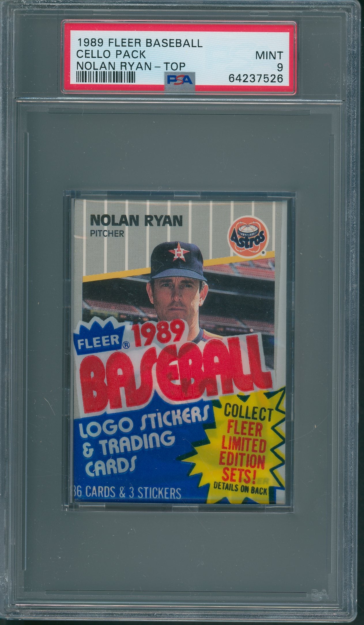 1989 Fleer Baseball Unopened Cello Pack PSA 9 Nolan Ryan Top *7526